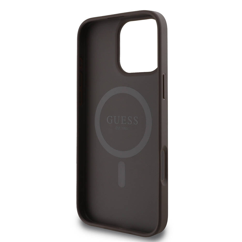 Apple iPhone 16 Pro Kılıf Guess Orjinal Lisanslı Magsafe Şarj Özellikli PU Deri Şerit Logo Dizaynlı Kapak Pembe