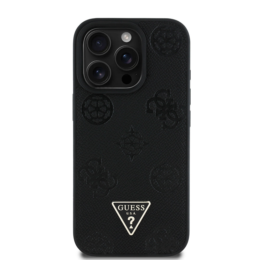 Apple iPhone 16 Pro Kılıf Guess Orjinal Lisanslı M-safe Şarj Özellikli Sıcak Baskılı Üçgen Logolu PU Deri Peony Kapak Kahverengi