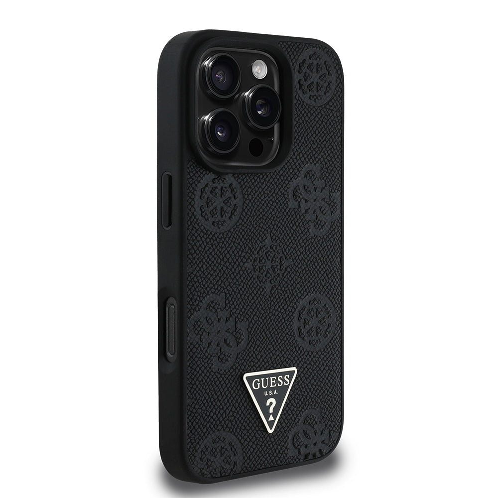 Apple iPhone 16 Pro Kılıf Guess Orjinal Lisanslı M-safe Şarj Özellikli Sıcak Baskılı Üçgen Logolu PU Deri Peony Kapak Kahverengi