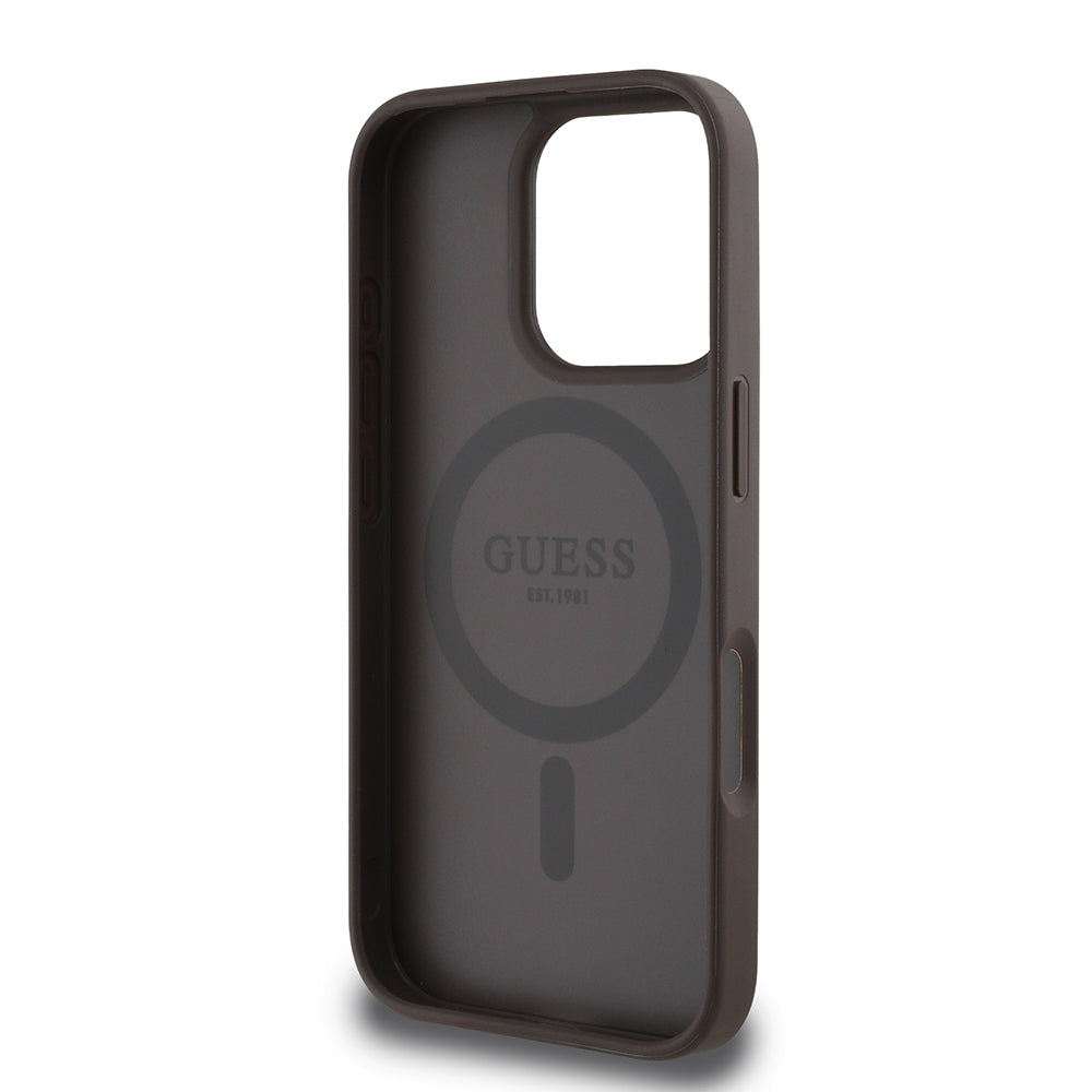 Apple iPhone 16 Pro Kılıf Guess Orjinal Lisanslı M-safe Şarj Özellikli Sıcak Baskılı Üçgen Logolu PU Deri Peony Kapak Kahverengi