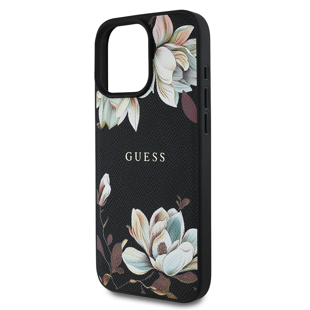 Apple iPhone 16 Pro Kılıf Guess Orjinal Lisanslı Magsafe Şarj Özellikli Taneli Çiçek Tasarımlı Metal Yazı Logolu Kapak Siyah