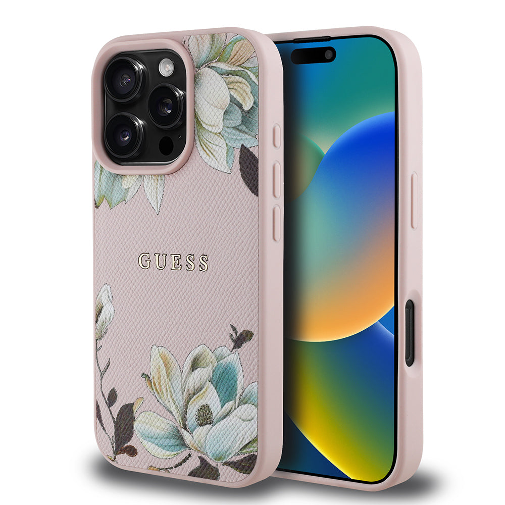 Apple iPhone 16 Pro Kılıf Guess Orjinal Lisanslı Magsafe Şarj Özellikli Taneli Çiçek Tasarımlı Metal Yazı Logolu Kapak Siyah