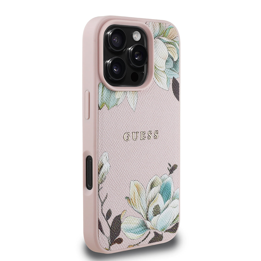 Apple iPhone 16 Pro Kılıf Guess Orjinal Lisanslı Magsafe Şarj Özellikli Taneli Çiçek Tasarımlı Metal Yazı Logolu Kapak Pembe