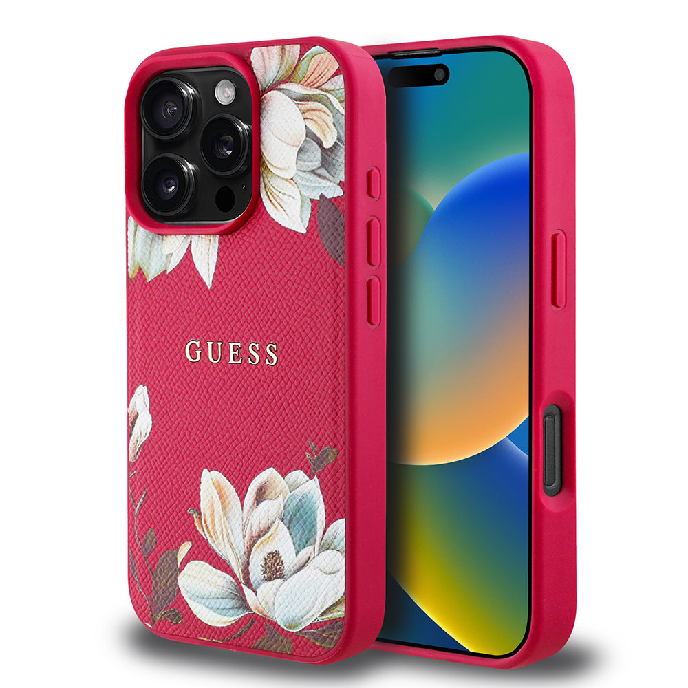 Apple iPhone 16 Pro Kılıf Guess Orjinal Lisanslı Magsafe Şarj Özellikli Taneli Çiçek Tasarımlı Metal Yazı Logolu Kapak Pembe