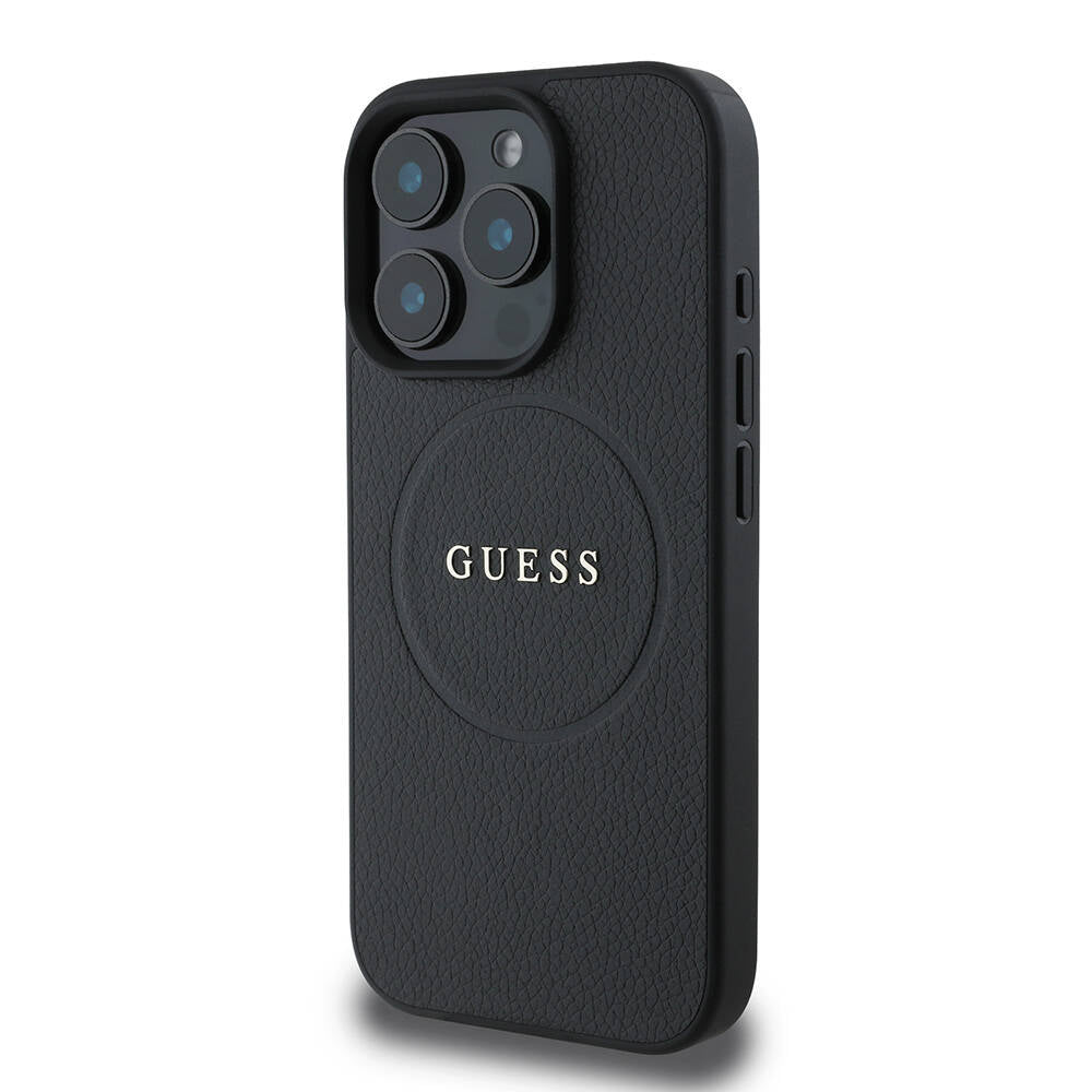 Apple iPhone 16 Pro Kılıf Guess Orjinal Lisanslı Magsafe Şarj Özellikli Yazı Logolu Grained Kapak Siyah