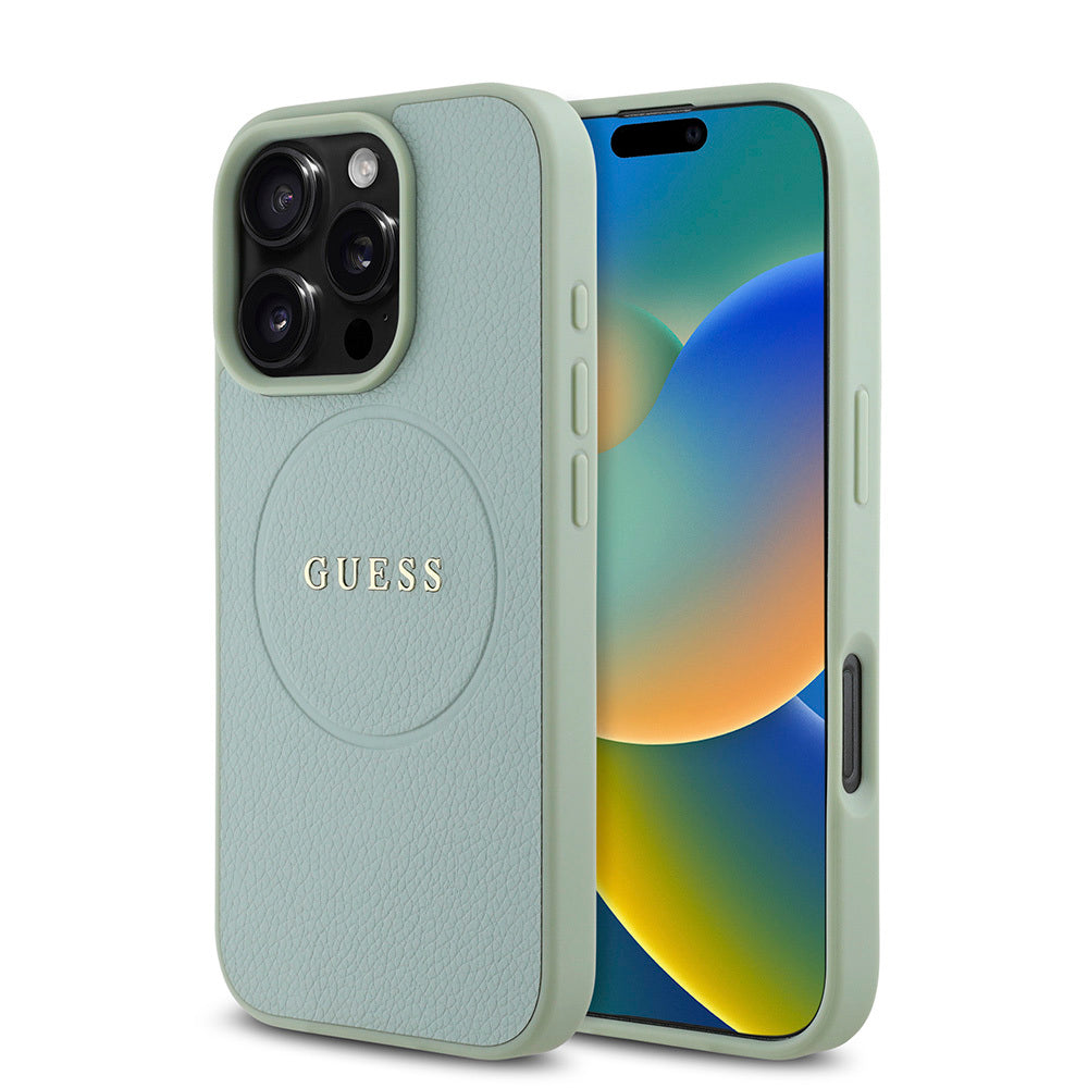 Apple iPhone 16 Pro Kılıf Guess Orjinal Lisanslı Magsafe Şarj Özellikli Yazı Logolu Grained Kapak Yeşil