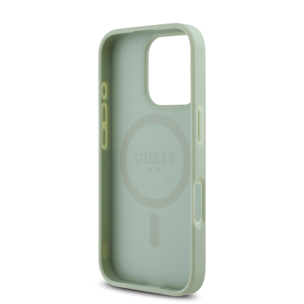 Apple iPhone 16 Pro Kılıf Guess Orjinal Lisanslı Magsafe Şarj Özellikli Yazı Logolu Grained Kapak Yeşil