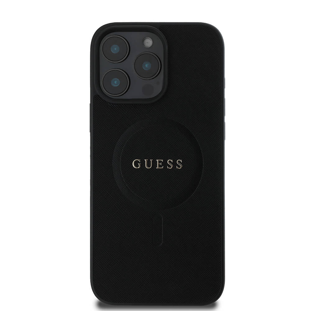 Apple iPhone 16 Pro Kılıf Guess Orjinal Lisanslı Magsafe Şarj Özellikli Yazı Logolu Saffiano Classic Kapak Siyah
