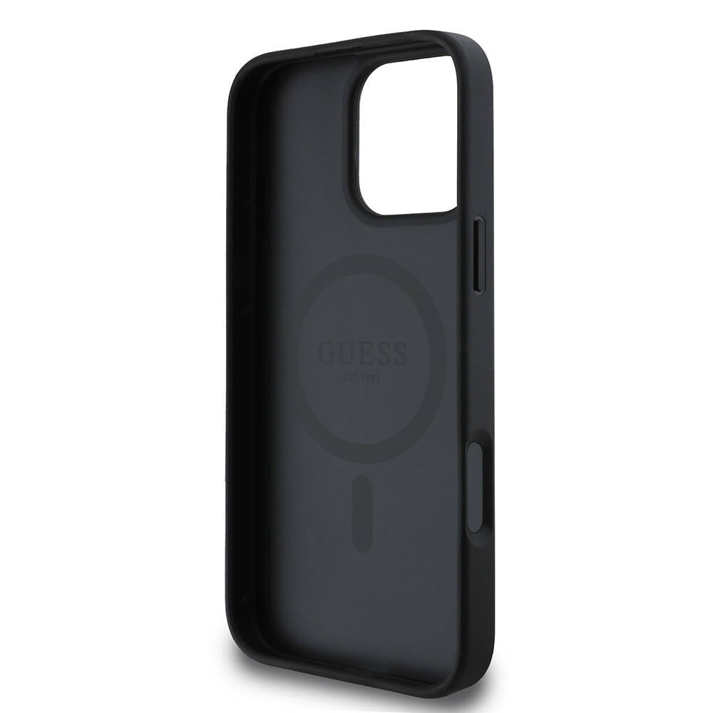 Apple iPhone 16 Pro Kılıf Guess Orjinal Lisanslı Magsafe Şarj Özellikli Yazı Logolu Saffiano Classic Kapak Siyah