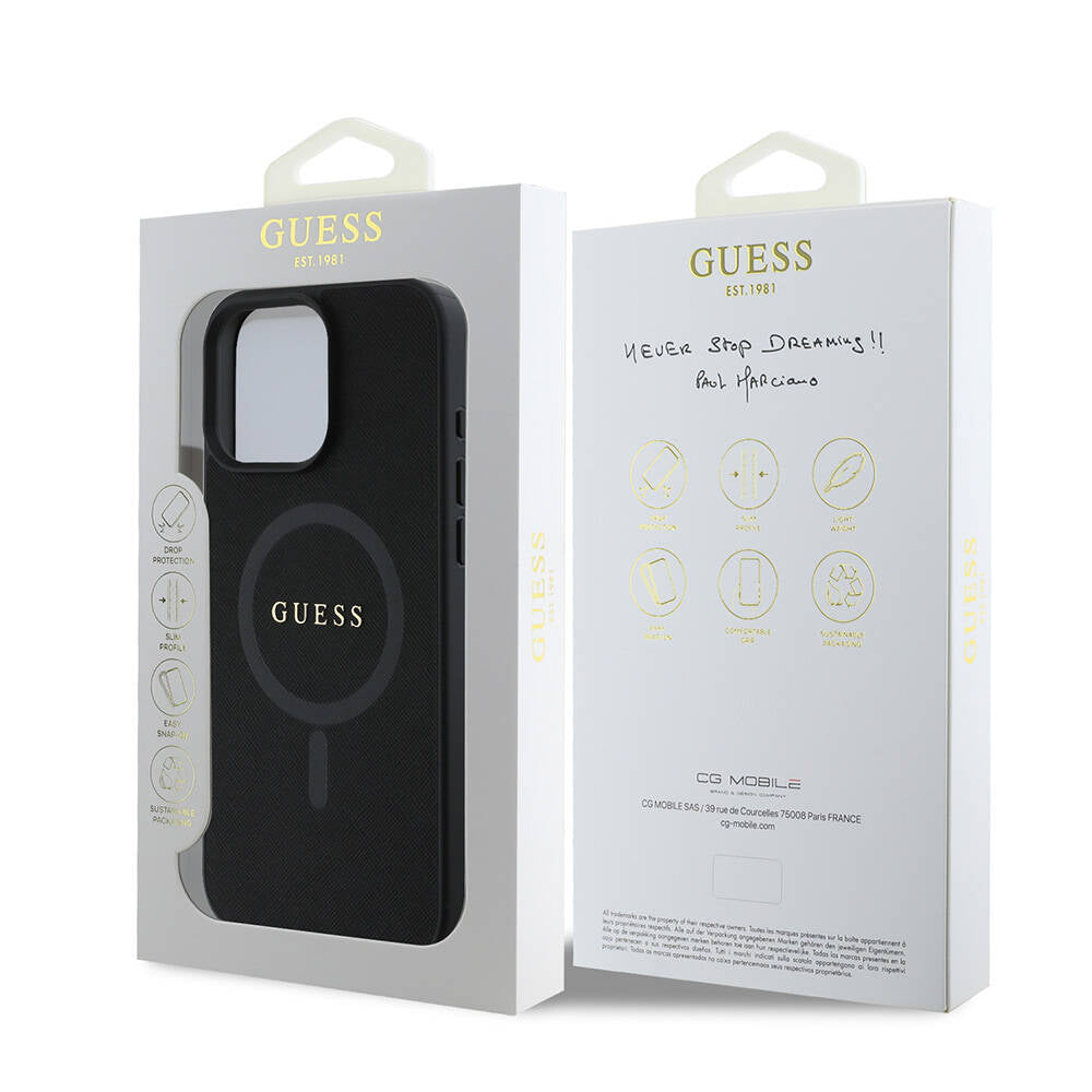 Apple iPhone 16 Pro Kılıf Guess Orjinal Lisanslı Magsafe Şarj Özellikli Yazı Logolu Saffiano Classic Kapak Siyah