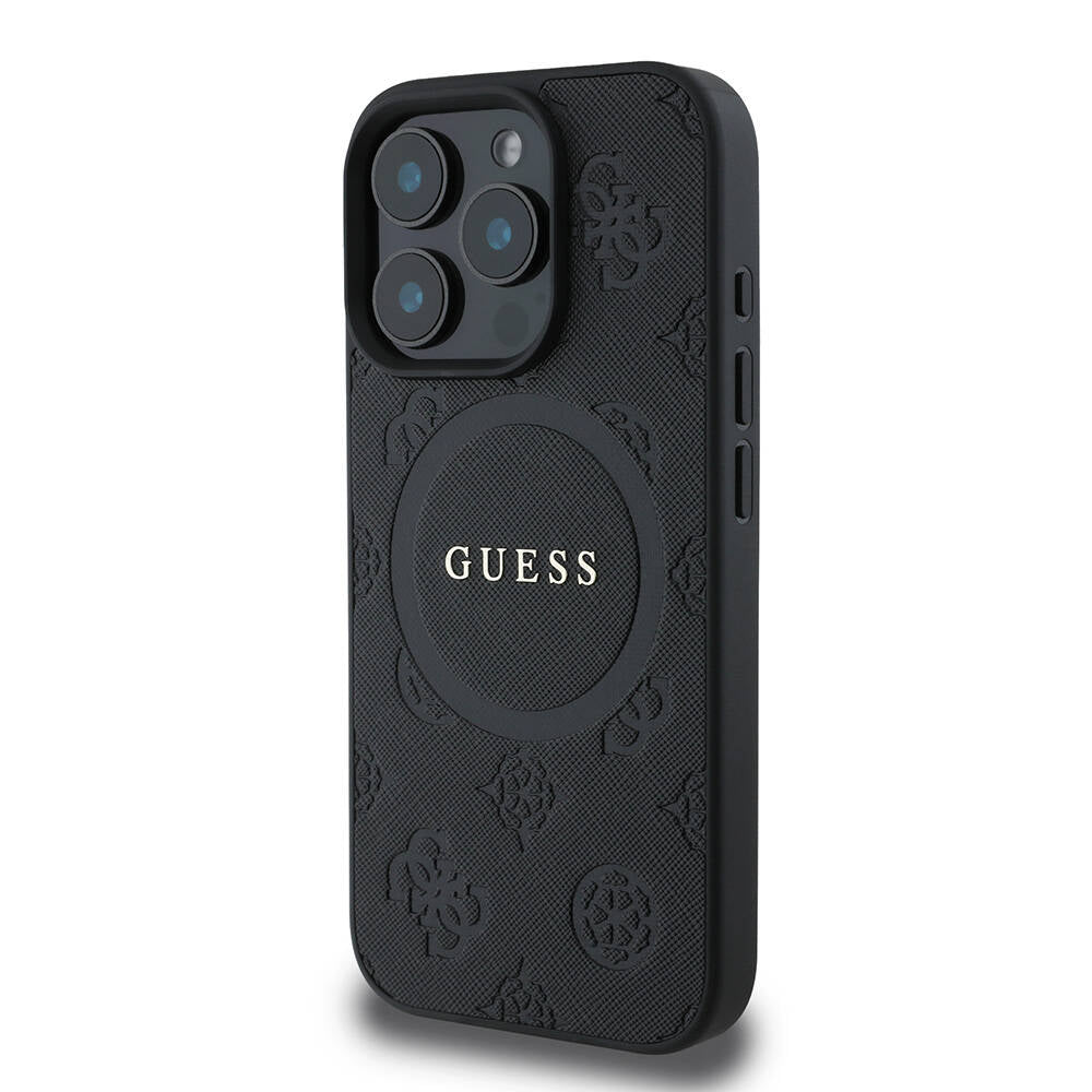 Apple iPhone 16 Pro Kılıf Guess Orjinal Lisanslı Magsafe Şarj Özellikli Yazı Logolu Saffiano Peony Kapak Siyah