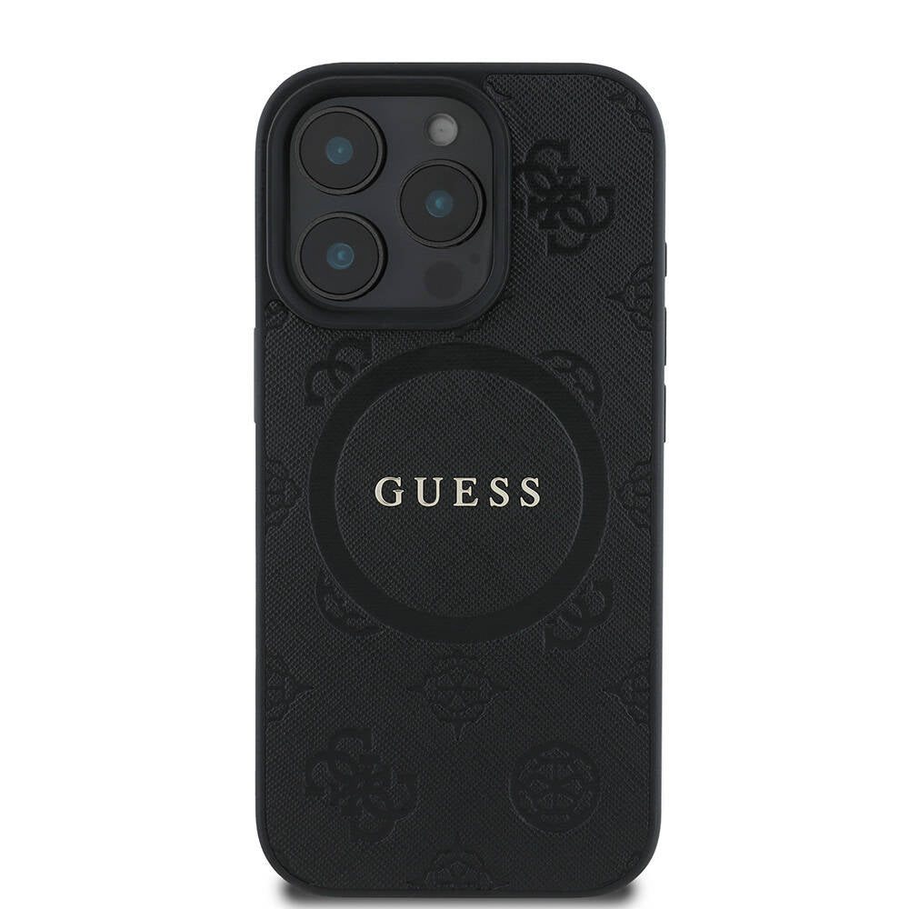 Apple iPhone 16 Pro Kılıf Guess Orjinal Lisanslı Magsafe Şarj Özellikli Yazı Logolu Saffiano Peony Kapak Siyah