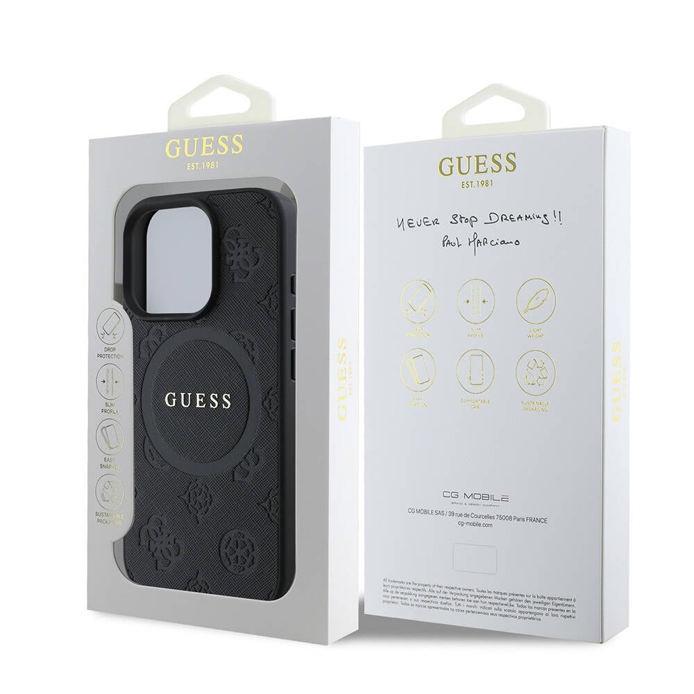 Apple iPhone 16 Pro Kılıf Guess Orjinal Lisanslı Magsafe Şarj Özellikli Yazı Logolu Saffiano Peony Kapak Siyah