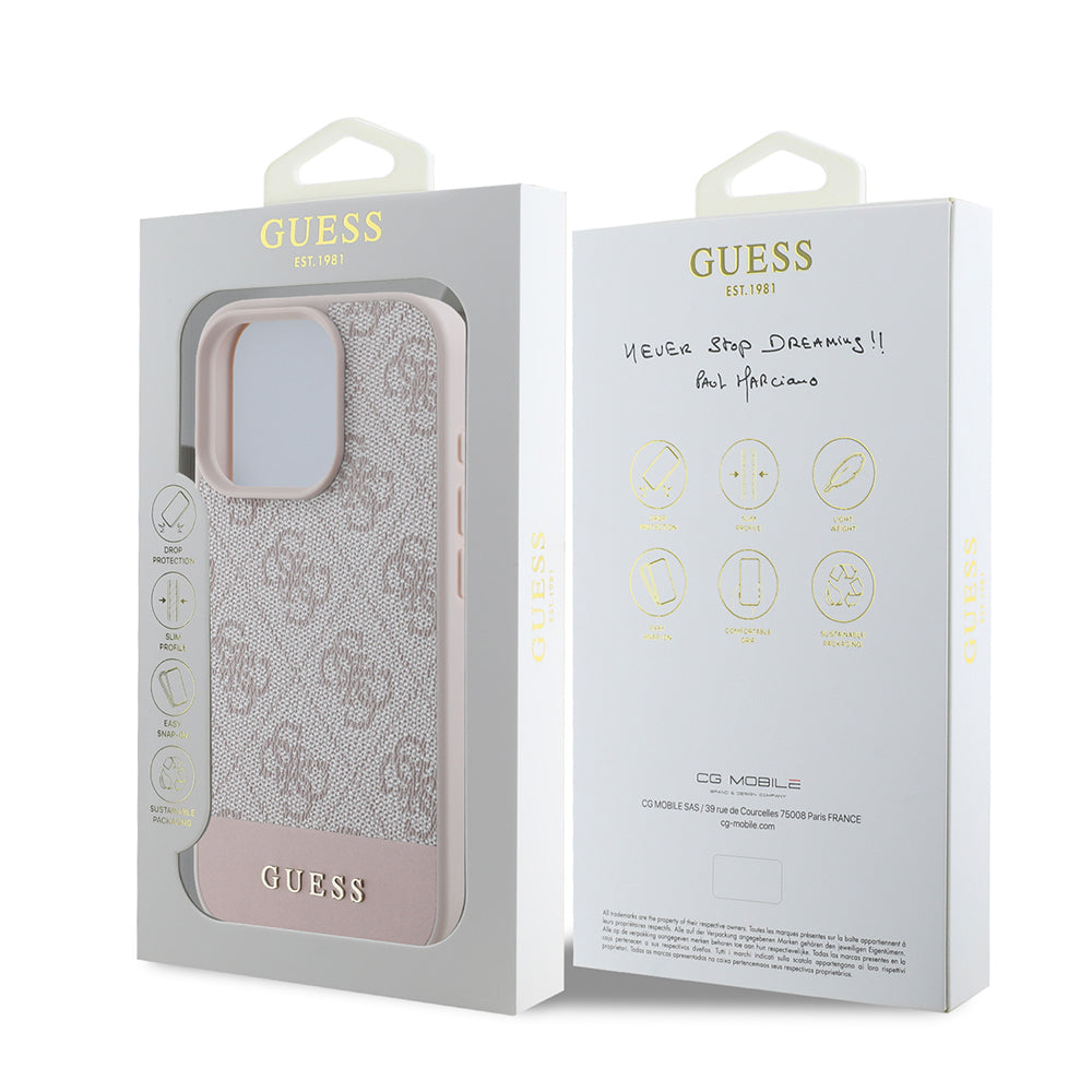 Apple iPhone 16 Pro Kılıf Guess Orjinal Lisanslı PU Deri Şerit Logo Dizaynlı Kapak Pembe