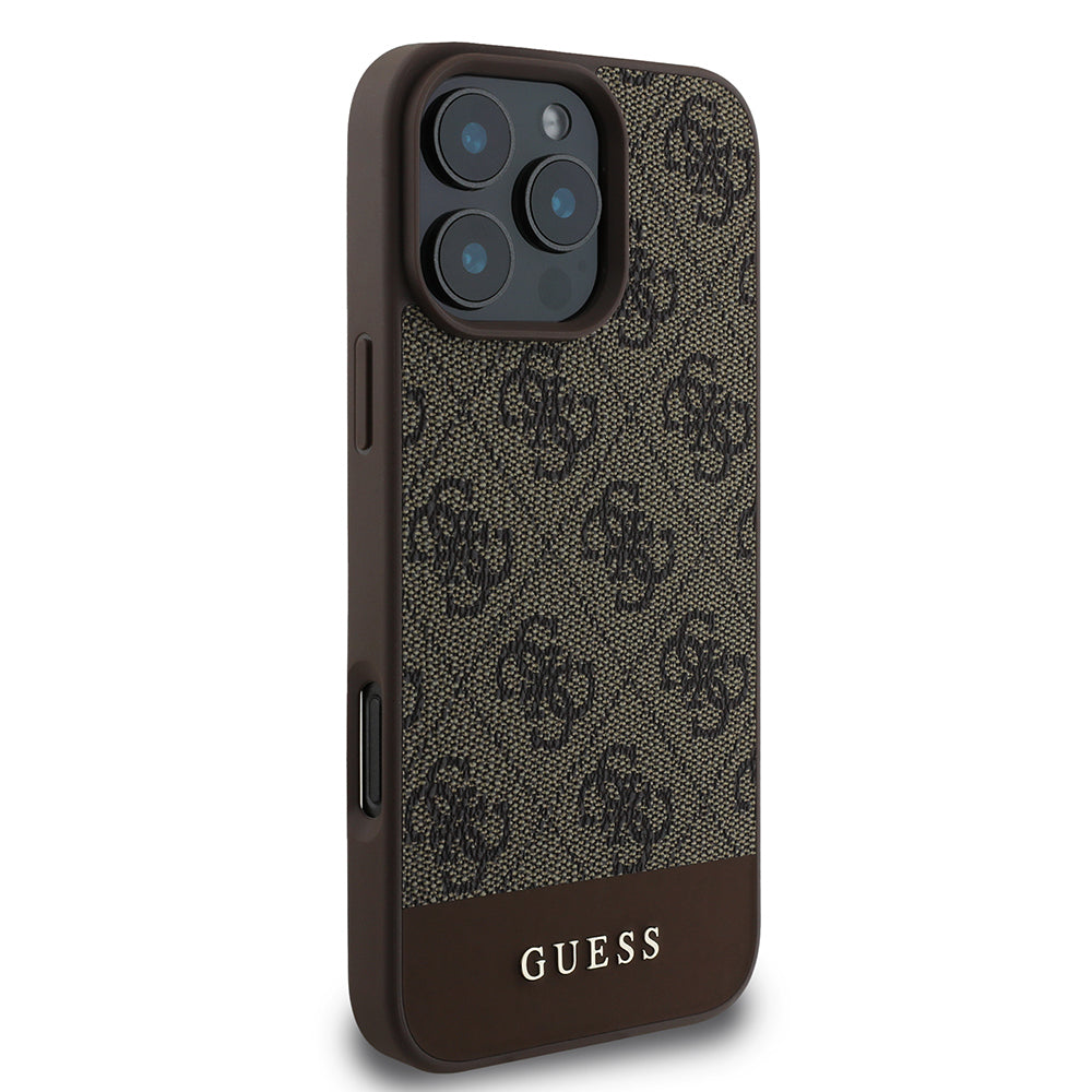 Apple iPhone 16 Pro Kılıf Guess Orjinal Lisanslı PU Deri Şerit Logo Dizaynlı Kapak Kahverengi