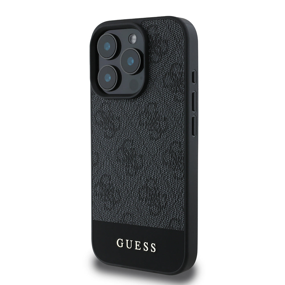 Apple iPhone 16 Pro Kılıf Guess Orjinal Lisanslı PU Deri Şerit Logo Dizaynlı Kapak Gri
