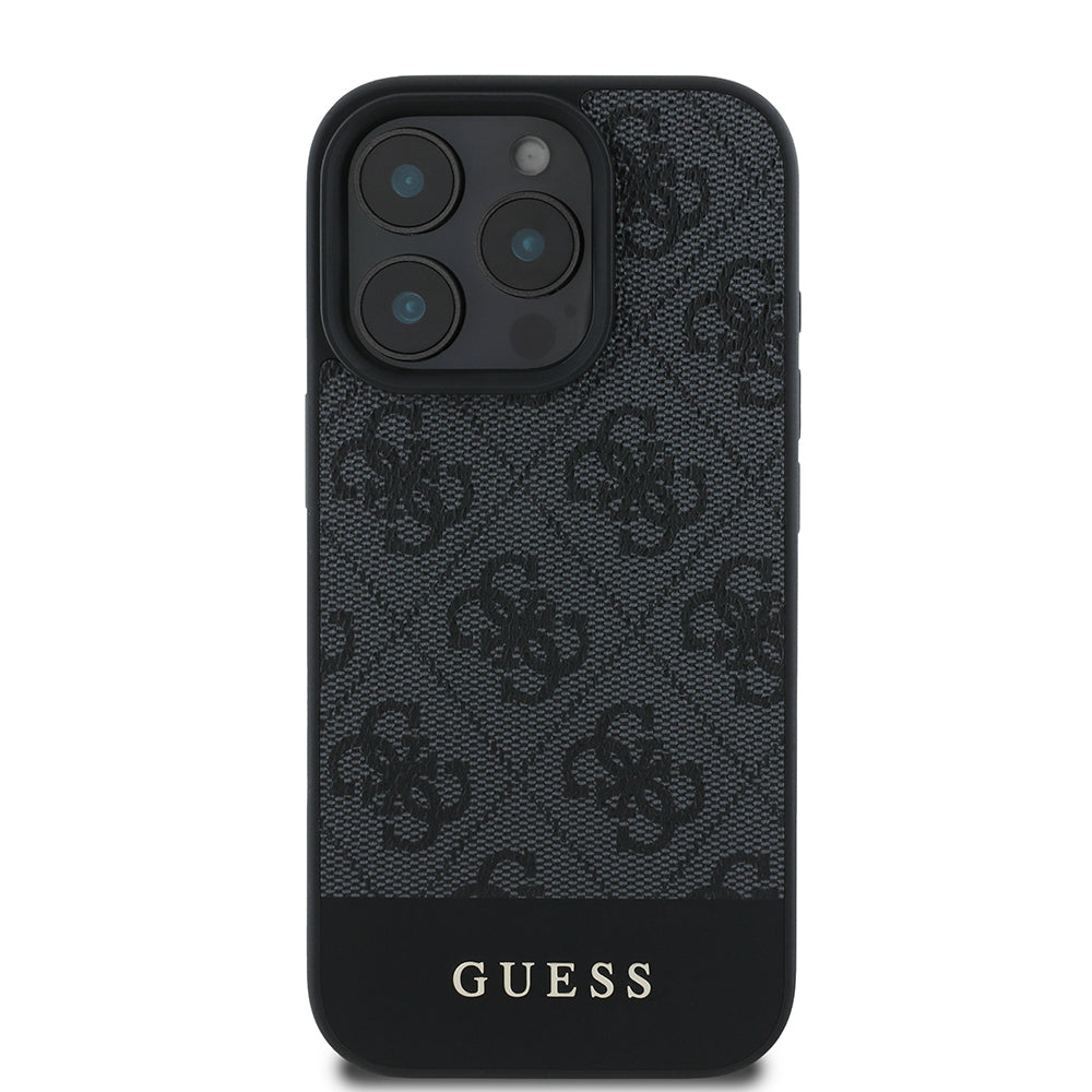 Apple iPhone 16 Pro Kılıf Guess Orjinal Lisanslı PU Deri Şerit Logo Dizaynlı Kapak Gri