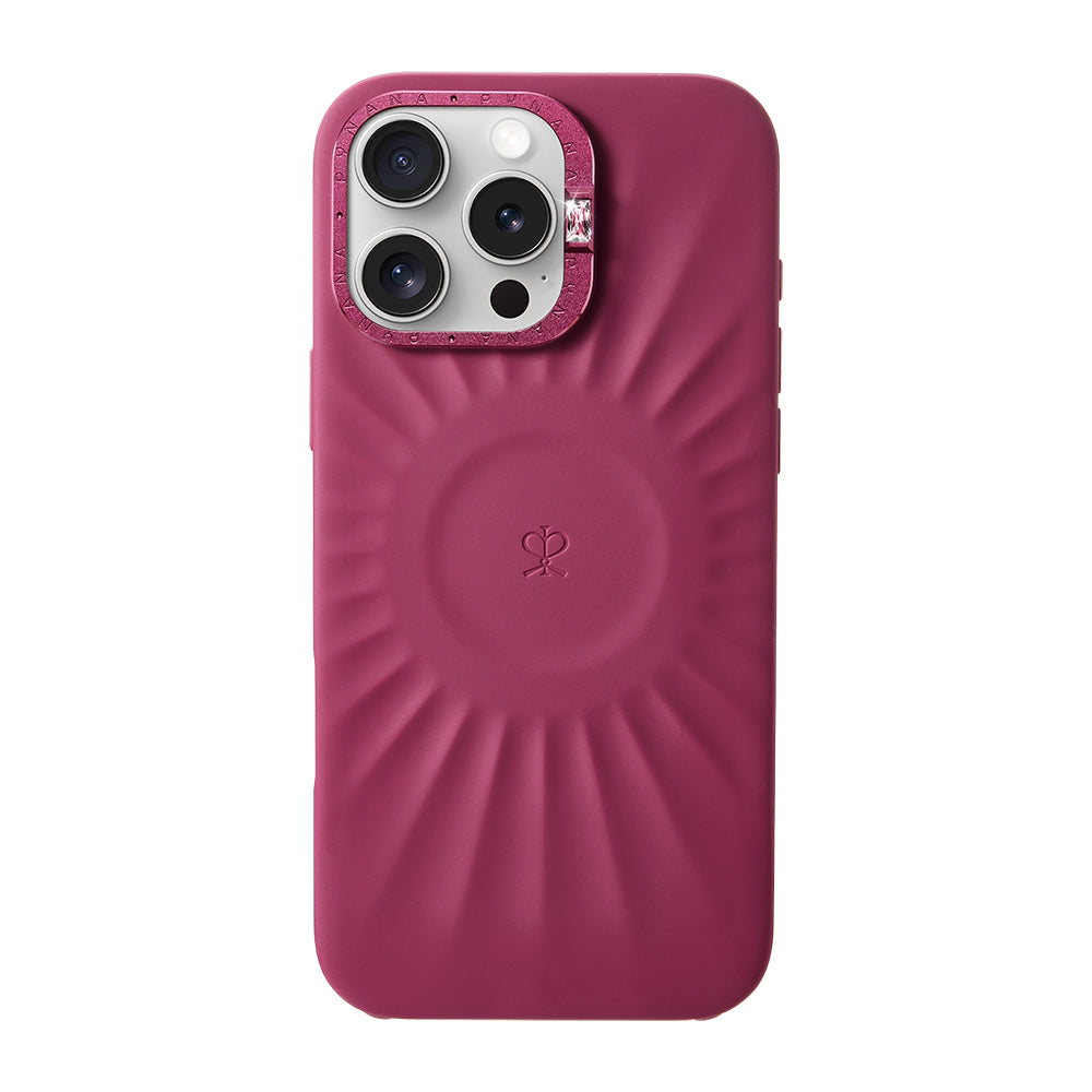 Apple iPhone 16 Pro Kılıf Kabartma Tasarımlı Metal Kamera Çerçeveli Pynana Starlight Serisi Kapak Bordo