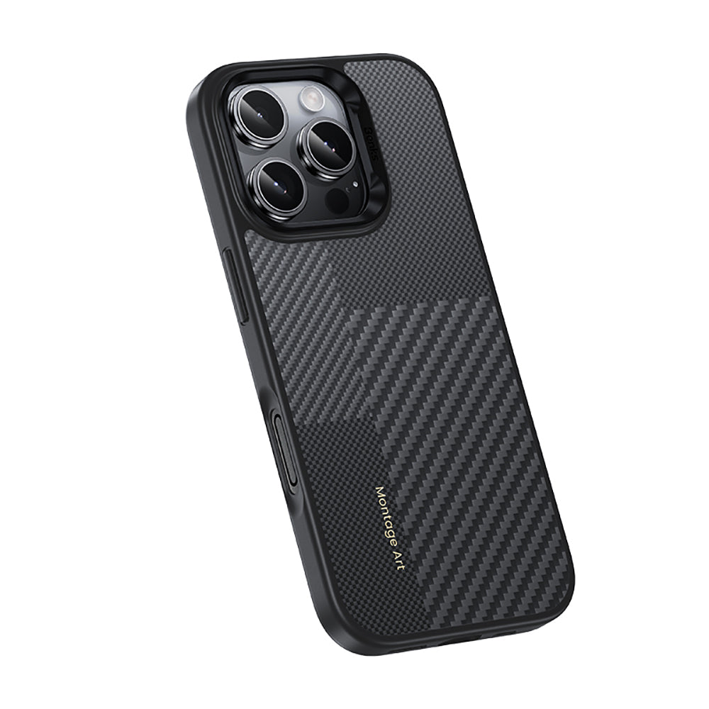 Apple iPhone 16 Pro Kılıf Karbon Fiber M-safe Şarj Özellikli Kamera Kontrol Butonlu Benks Hybrid ArmorPro Montage Kevlar Kapak Siyah