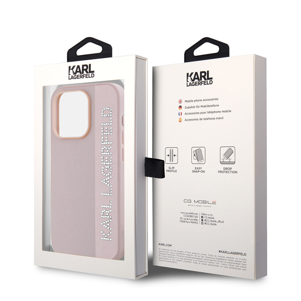 iPhone 16 Pro Kılıf Karl Lagerfeld Orjinal Lisanslı Anahtarlıklı Taşlı KL Yazılı Saffiano Rhinestones Kılıf Pembe
