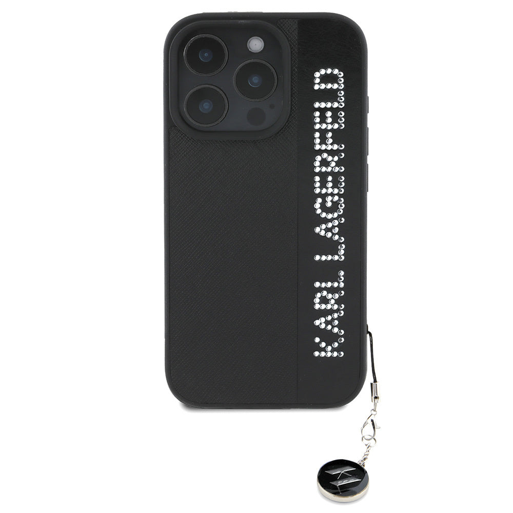 iPhone 16 Pro Kılıf Karl Lagerfeld Orjinal Lisanslı Anahtarlıklı Taşlı KL Yazılı Saffiano Rhinestones Kılıf Siyah