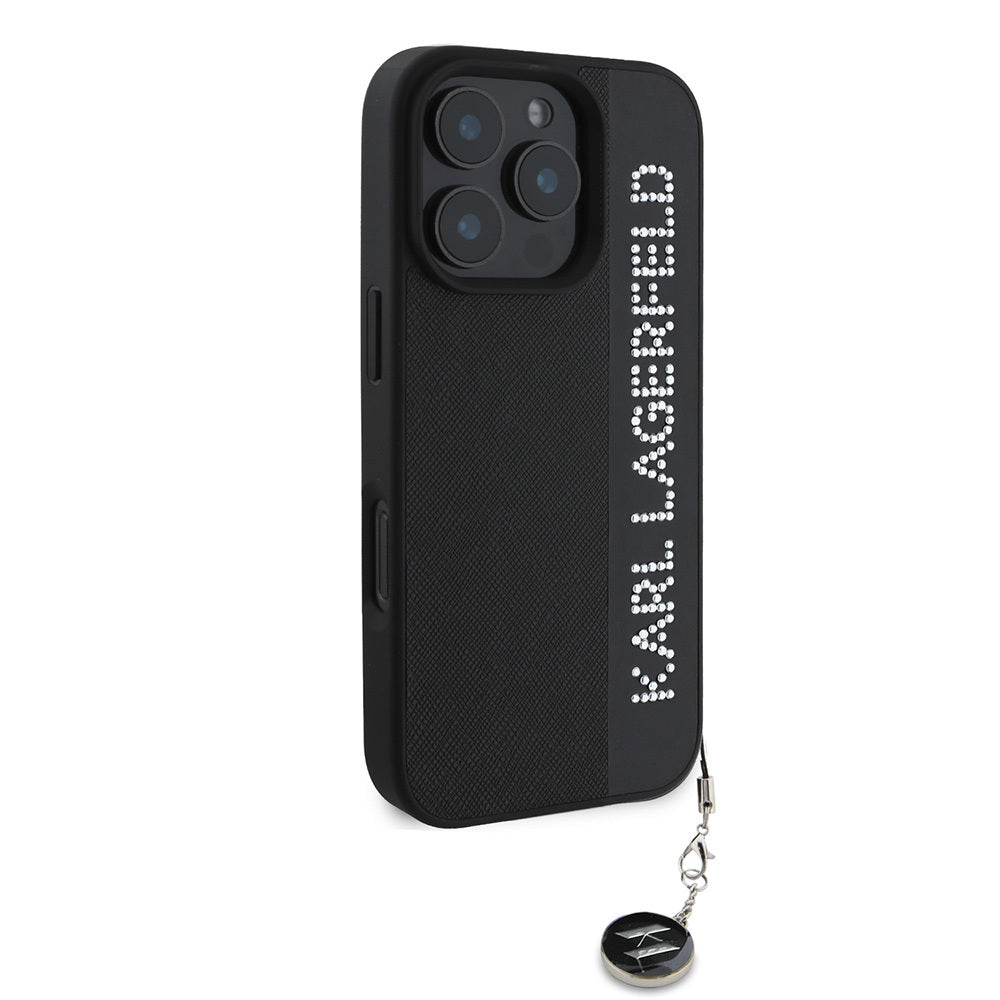 iPhone 16 Pro Kılıf Karl Lagerfeld Orjinal Lisanslı Anahtarlıklı Taşlı KL Yazılı Saffiano Rhinestones Kılıf Pembe