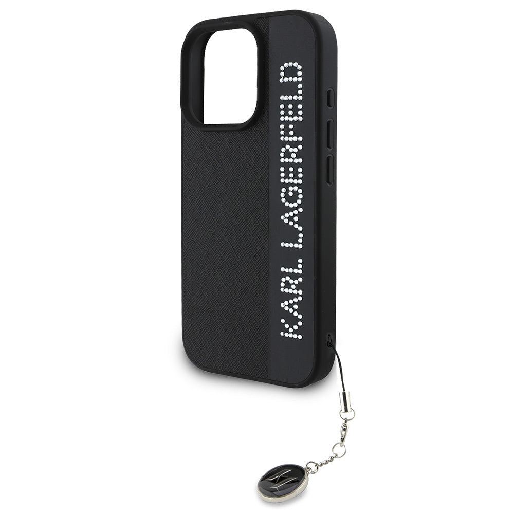 iPhone 16 Pro Kılıf Karl Lagerfeld Orjinal Lisanslı Anahtarlıklı Taşlı KL Yazılı Saffiano Rhinestones Kılıf Pembe