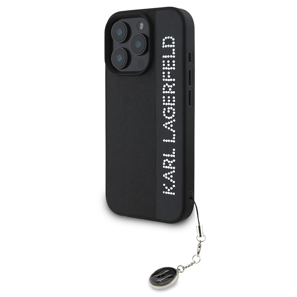 iPhone 16 Pro Kılıf Karl Lagerfeld Orjinal Lisanslı Anahtarlıklı Taşlı KL Yazılı Saffiano Rhinestones Kılıf Pembe