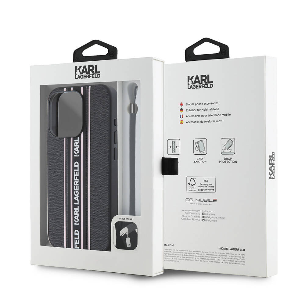 iPhone 16 Pro Kılıf Karl Lagerfeld Orjinal Lisanslı Askılı Saffiano Athleisure Şerit Çizgili Kılıf Siyah-Pembe