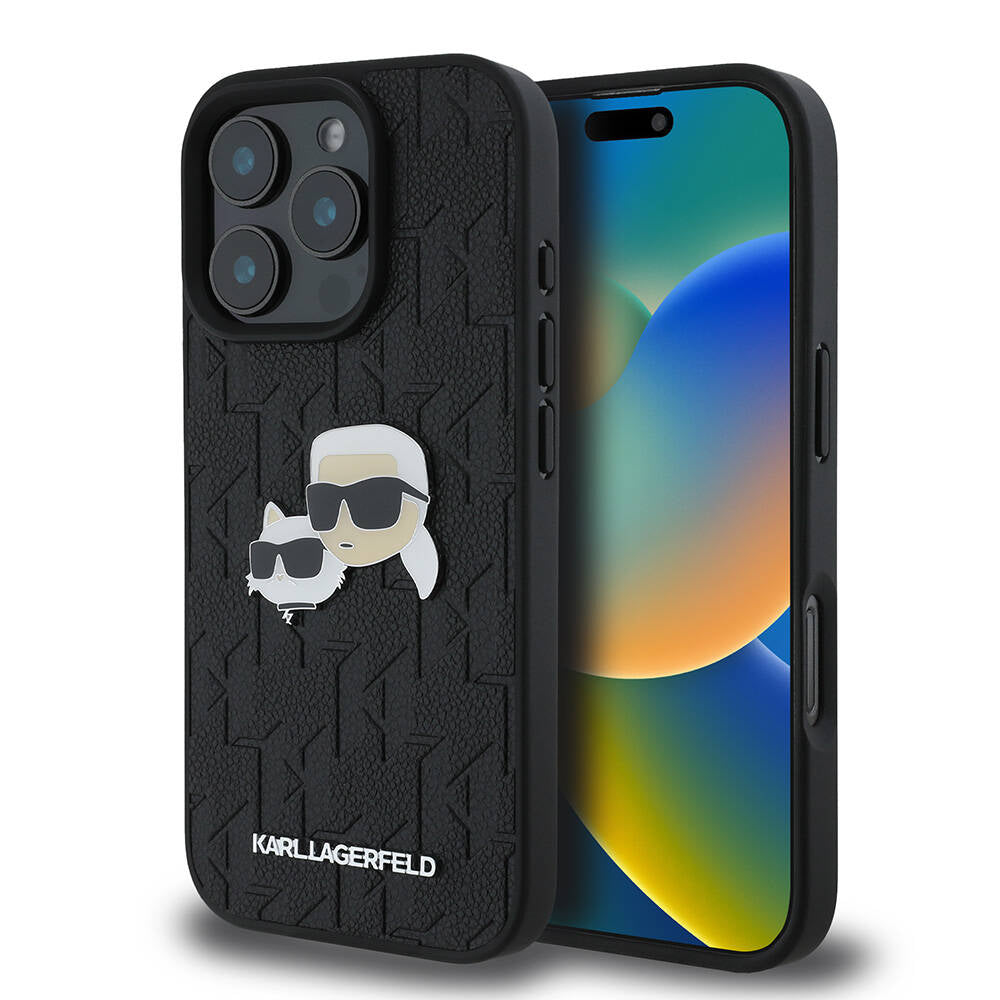 iPhone 16 Pro Kılıf Karl Lagerfeld Orjinal Lisanslı K&C Heads Monogram Pin Kılıf Siyah