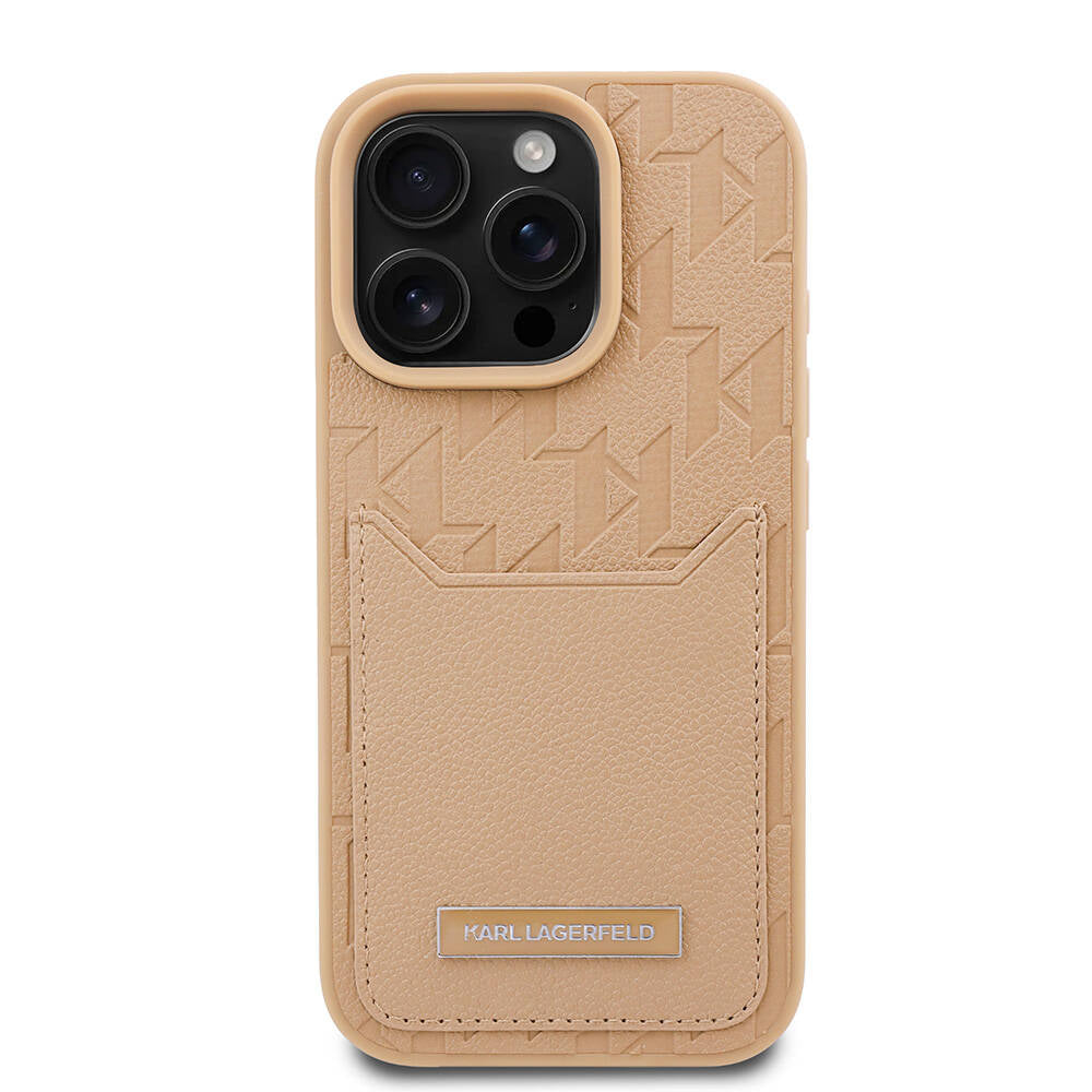 iPhone 16 Pro Kılıf Karl Lagerfeld Orjinal Lisanslı KL Desenli Kartlıklı Monogram Kılıf Kahverengi