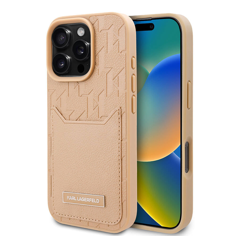iPhone 16 Pro Kılıf Karl Lagerfeld Orjinal Lisanslı KL Desenli Kartlıklı Monogram Kılıf Kahverengi