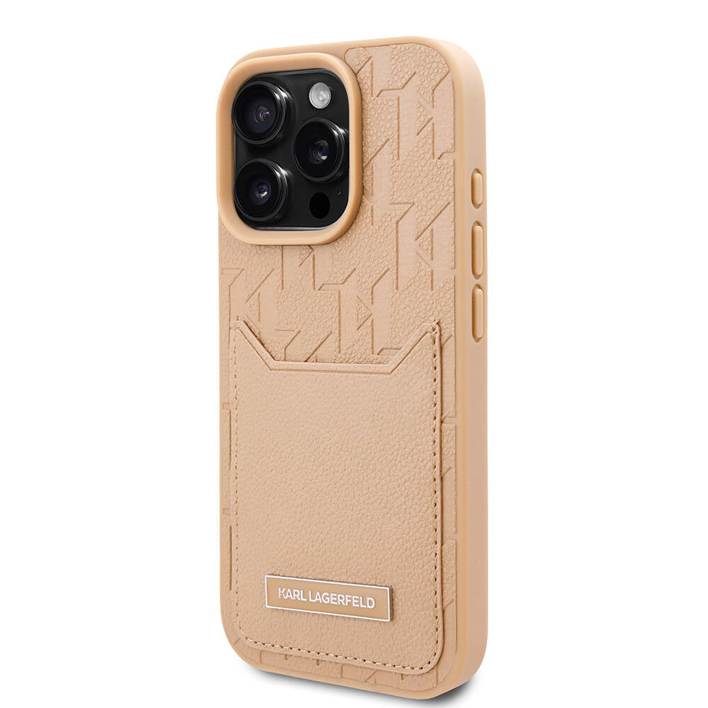 iPhone 16 Pro Kılıf Karl Lagerfeld Orjinal Lisanslı KL Desenli Kartlıklı Monogram Kılıf Kahverengi