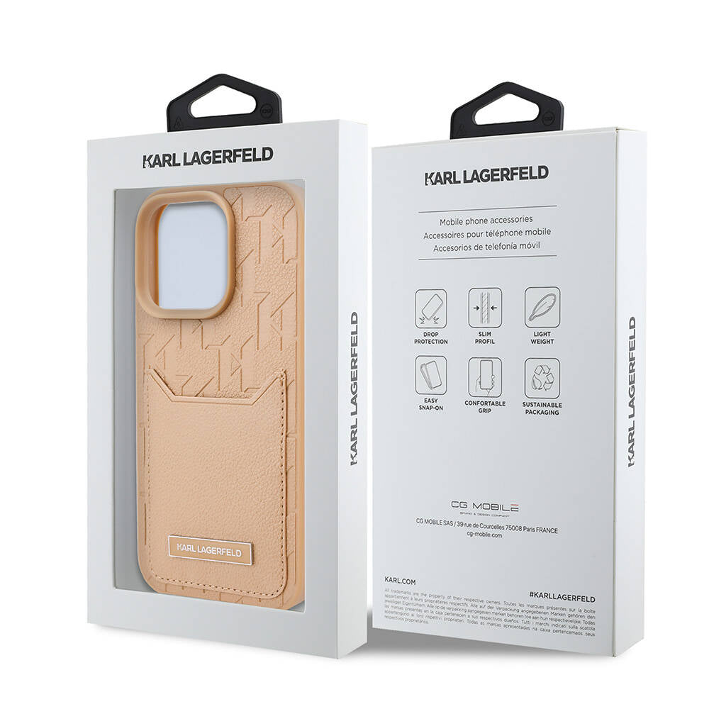 iPhone 16 Pro Kılıf Karl Lagerfeld Orjinal Lisanslı KL Desenli Kartlıklı Monogram Kılıf Kahverengi