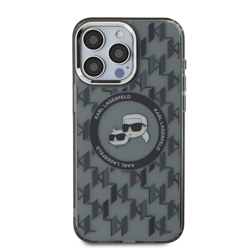 iPhone 16 Pro Kılıf Karl Lagerfeld Orjinal Lisanslı Magsafe Şarj Özellikli IML Baskılı Metal Monogram KC Heads Kılıf Siyah