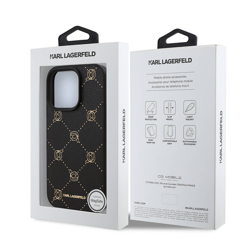 iPhone 16 Pro Kılıf Karl Lagerfeld Orjinal Lisanslı Magsafe Şarj Özellikli PU Deri Karl Heads Desenli Klasik Logolu Kılıf Siyah
