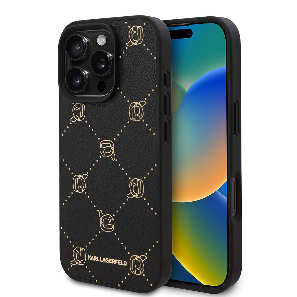 iPhone 16 Pro Kılıf Karl Lagerfeld Orjinal Lisanslı Magsafe Şarj Özellikli PU Deri Karl Heads Desenli Klasik Logolu Kılıf Siyah