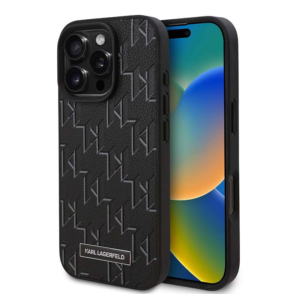 iPhone 16 Pro Kılıf Karl Lagerfeld Orjinal Lisanslı Magsafe Şarj Özellikli KL Yazılı Hot Stamp Kılıf Siyah