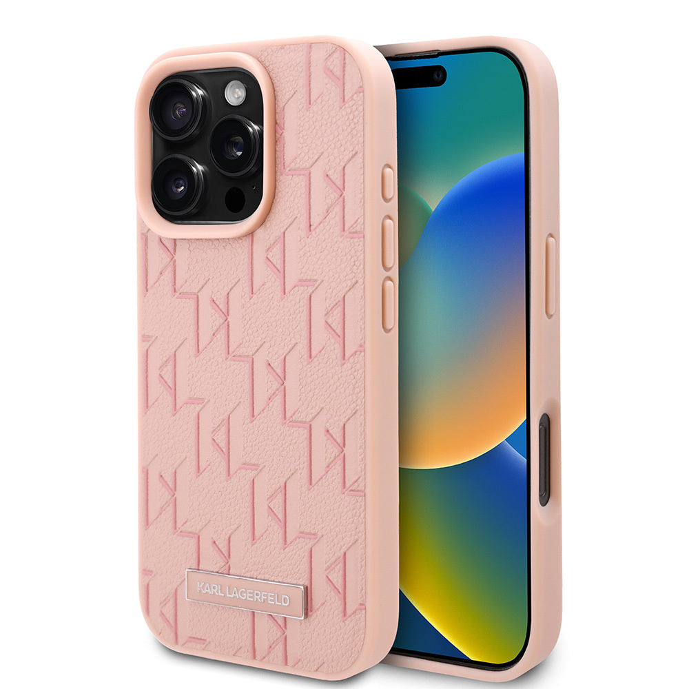 iPhone 16 Pro Kılıf Karl Lagerfeld Orjinal Lisanslı Magsafe Şarj Özellikli KL Yazılı Hot Stamp Kılıf Pembe
