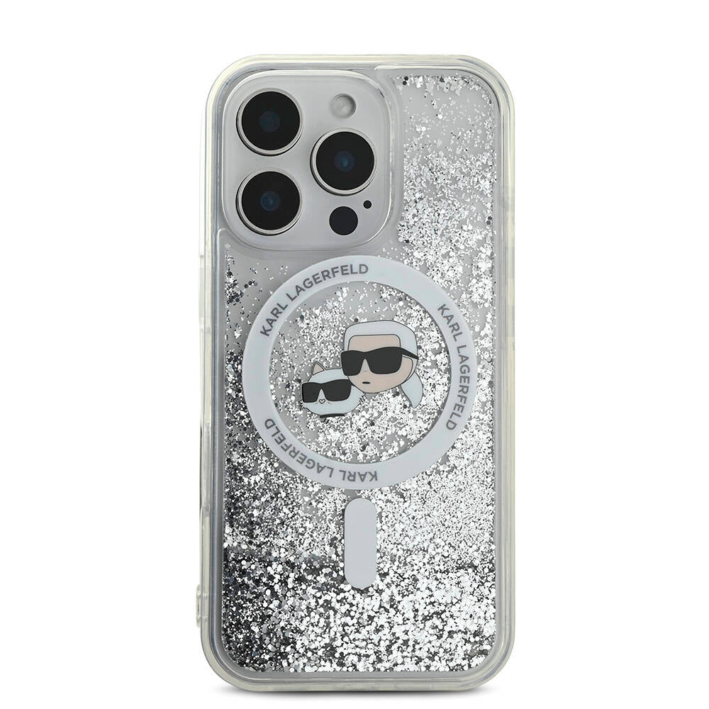 iPhone 16 Pro Kılıf Karl Lagerfeld Orjinal Lisanslı Magsafe Şarj Özellikli Sıvılı Simli KC Heads Kılıf Şeffaf