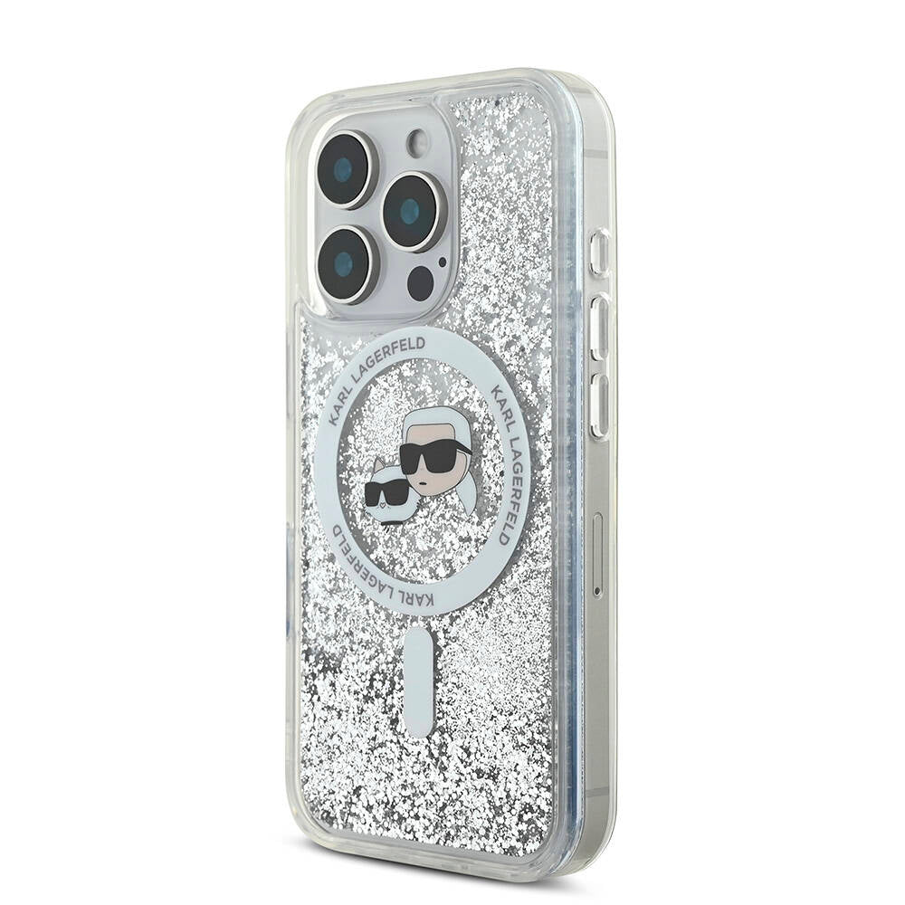 iPhone 16 Pro Kılıf Karl Lagerfeld Orjinal Lisanslı Magsafe Şarj Özellikli Sıvılı Simli KC Heads Kılıf Şeffaf