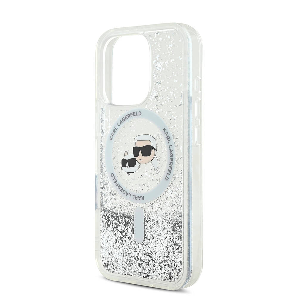 iPhone 16 Pro Kılıf Karl Lagerfeld Orjinal Lisanslı Magsafe Şarj Özellikli Sıvılı Simli KC Heads Kılıf Şeffaf