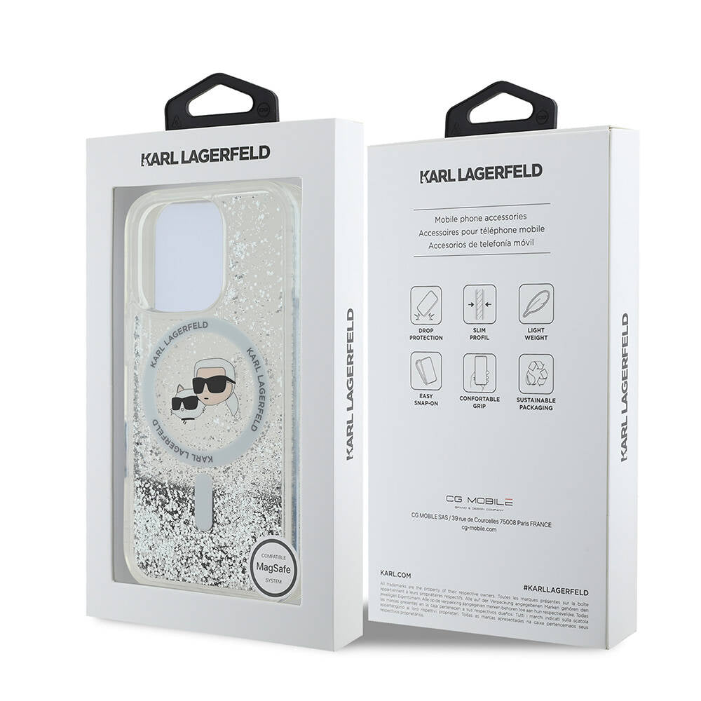 iPhone 16 Pro Kılıf Karl Lagerfeld Orjinal Lisanslı Magsafe Şarj Özellikli Sıvılı Simli KC Heads Kılıf Şeffaf