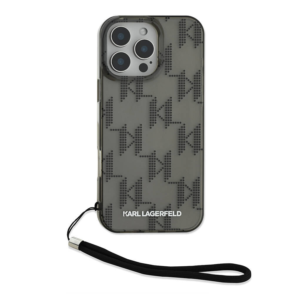 iPhone 16 Pro Kılıf Karl Lagerfeld Orjinal Lisanslı KL Desenli Saydam Bilek Askı İpli Klasik Logolu Kılıf Siyah
