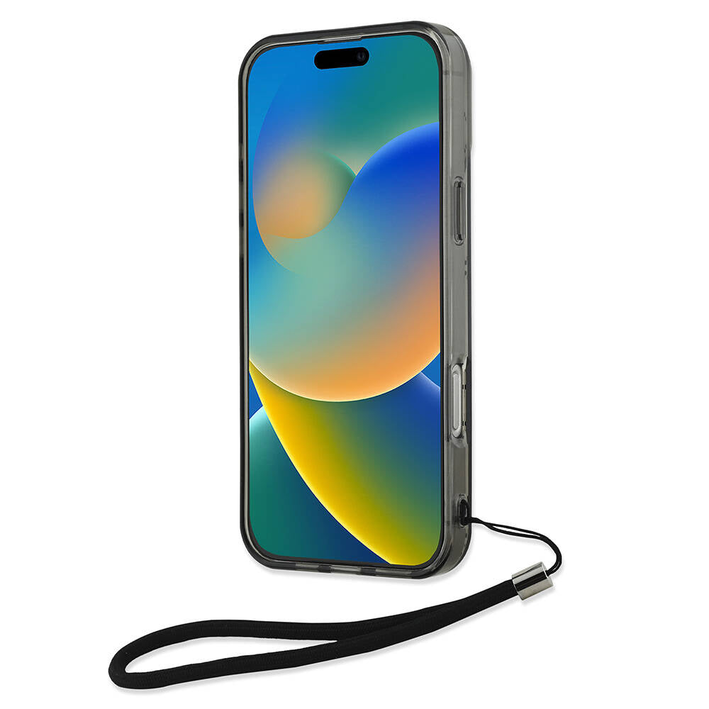 iPhone 16 Pro Kılıf Karl Lagerfeld Orjinal Lisanslı KL Desenli Saydam Bilek Askı İpli Klasik Logolu Kılıf Siyah