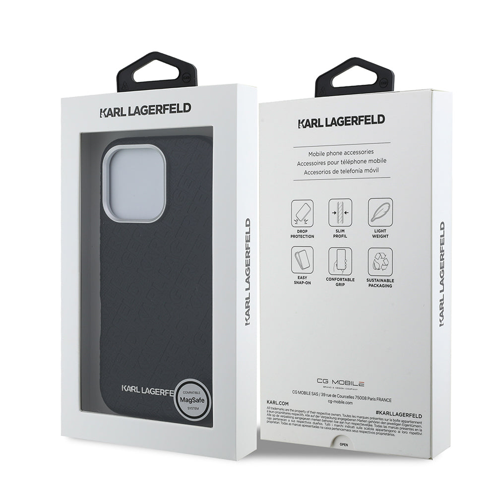 Apple iPhone 16 Pro Kılıf Karl Lagerfeld Orjinal Lisanslı PU Deri Damgalı Metal Yazı Logolu Kapak Siyah