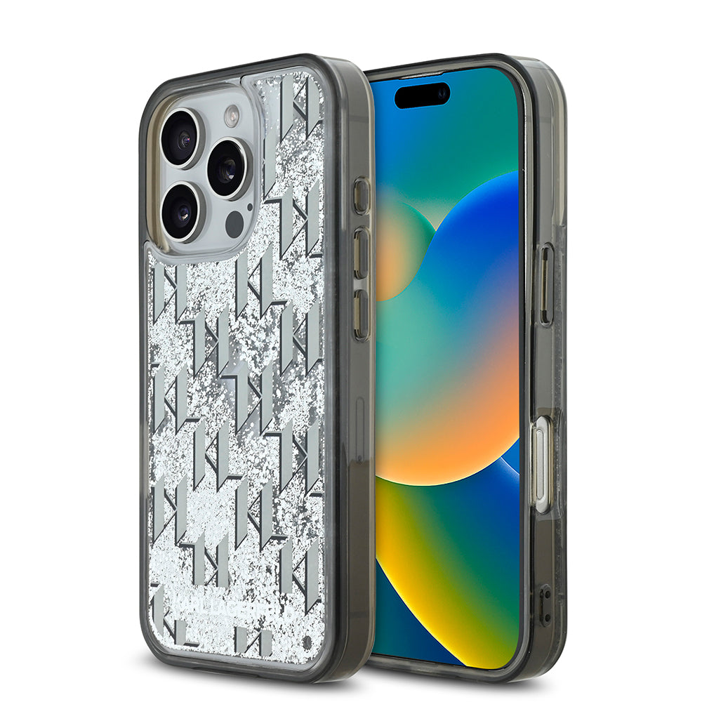 iPhone 16 Pro Kılıf Karl Lagerfeld Orjinal Lisanslı Simli KL Yazılı Monogram Gradient Kılıf Siyah