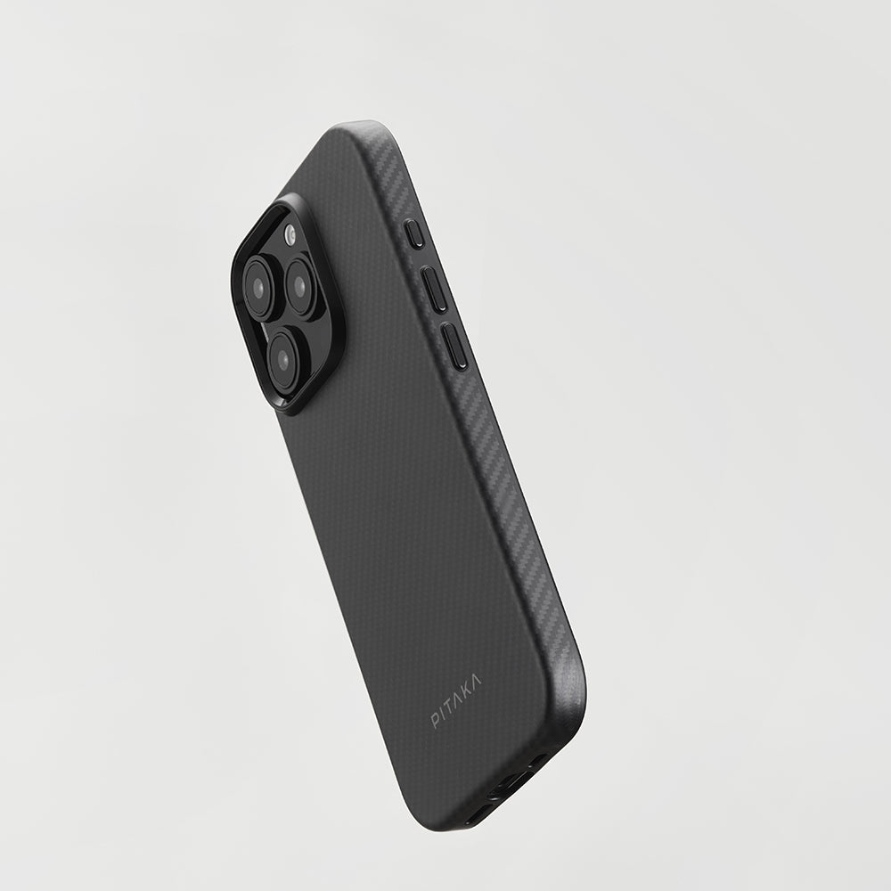 Apple iPhone 16 Pro Kılıf M-safe Şarj Özellikli Aramid Fiber Pitaka Military-Grade Classic Serisi New Logo Black-Grey Twill Kapak Siyah