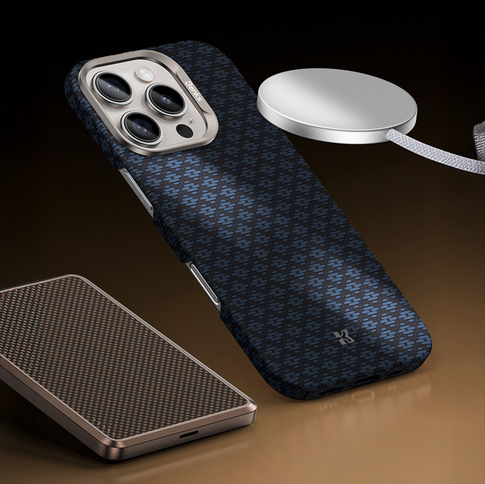 Apple iPhone 16 Pro Kılıf M-Safe Şarj Özellikli Benks ArmorAir ArmorGrid Serisi Kevlar Kapak Mavi