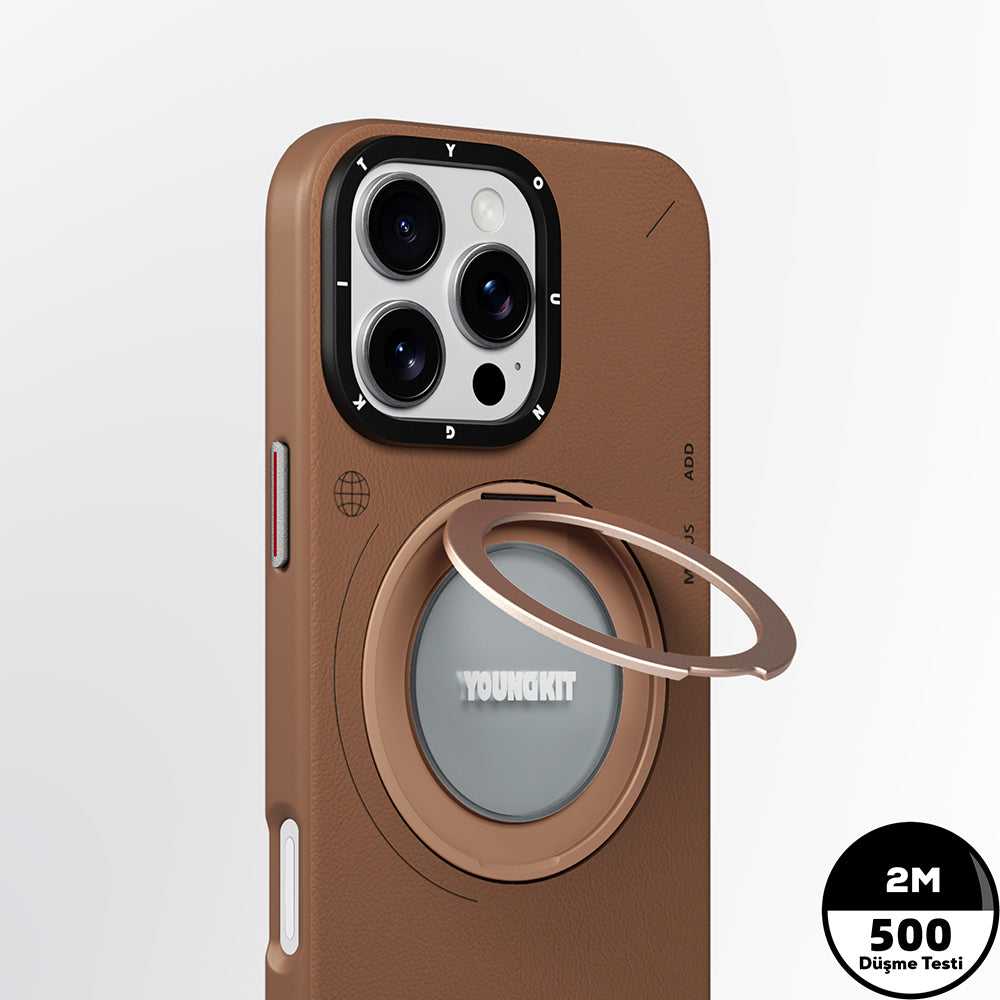 iPhone 16 Pro Kılıf Magsafe Şarj Özellikli 360° Standlı Basit Mat Deri Desenli Youngkit Tech Leather Serisi Kılıf Kahverengi